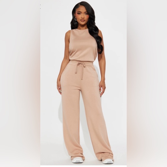 Fashion Nova Pants - Fashion Nova Nude Wide Leg Jumpsuit Medium Stretch Drawstring Pockets